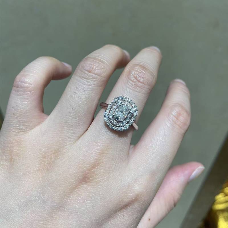 双层圆包蛋形Women's RingS925银镀白金定制选款主石Moissanite1.0ct/副石高碳钻